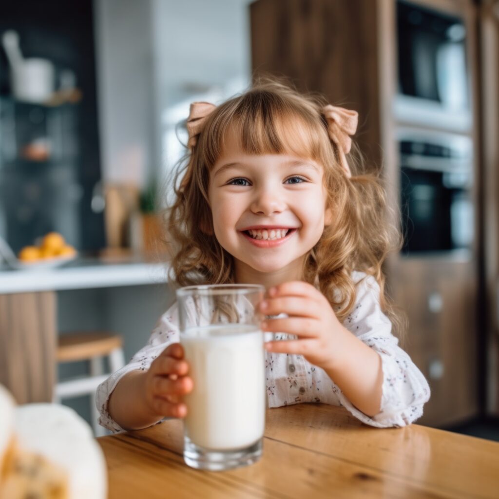 Photo of a little girl with a glass of milk